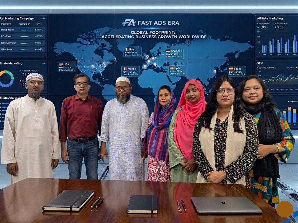 "Fast Ads Era corporate team standing before a global marketing analytics dashboard."
