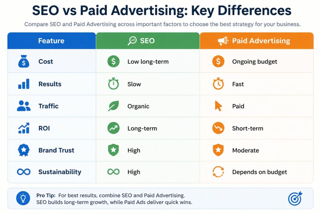 SEO vs Paid Advertising comparison chart showing differences in cost, results, traffic, ROI, brand trust, and sustainability